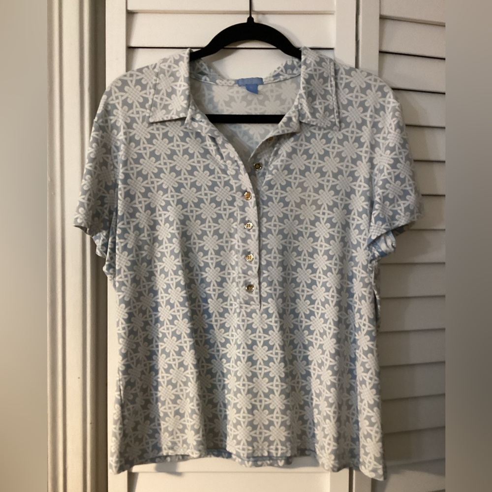 J. McLaughlin Women’s Short Sleeve Collared Blue & White Button Down Top Size XL